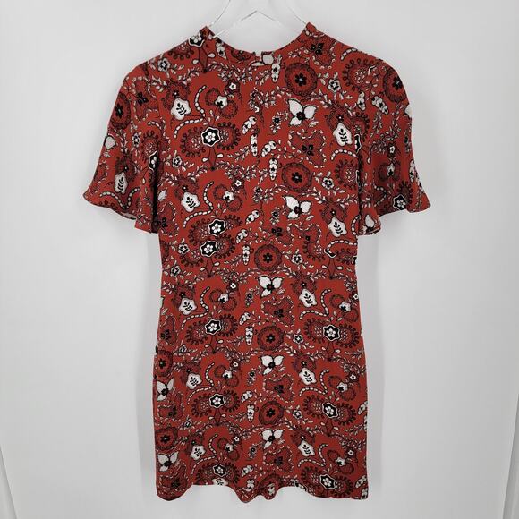 A.L.C. Dress Womens 0 Orange Black White Floral Silk Short Sleeve Mini Zip Back - Picture 1 of 11